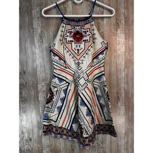 Flying‎ Tomato Dress Womens sz Small Ivory Navy Black Aztec Halter Fit & Flare